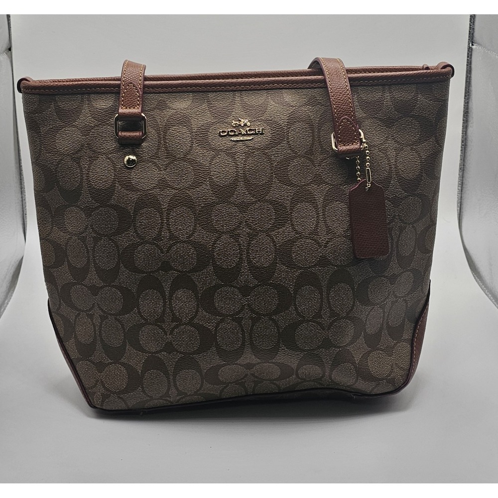 Coach Brown Tan Signature Coated Canvas Zip Top Tote Shoulder Bag F34603